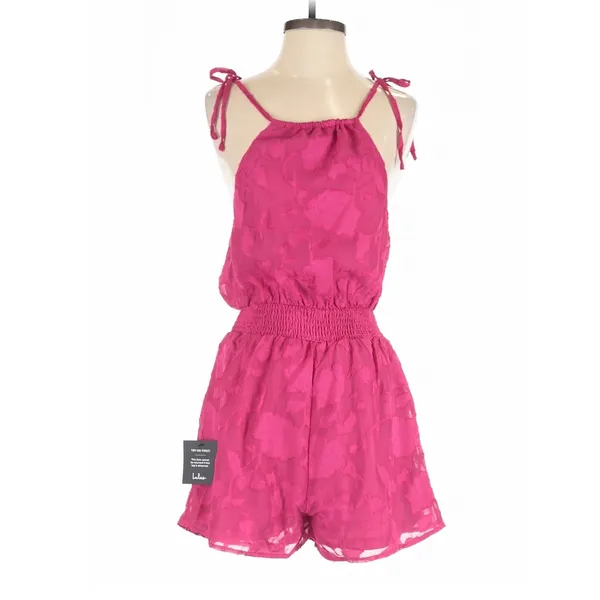 Lulus Here for the Fun Magenta Burnout Floral Jacquard Romper XS Coquette - Image 4