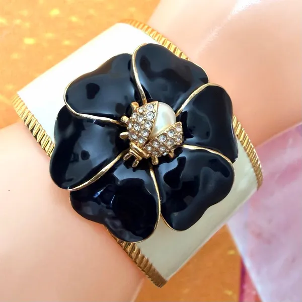 Stella & Dot Kelly Black Enamel Flower Ladybug Cuff Bracelet - Image 2