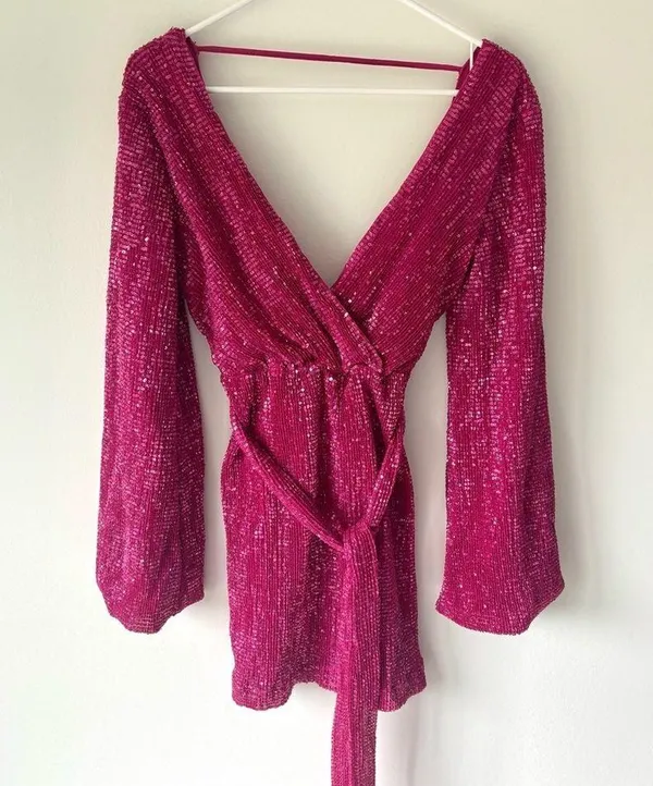 Hello Molly Static Memory Pink Sequin Dress Mini Long Sleeve Sparkle Party - Image 3