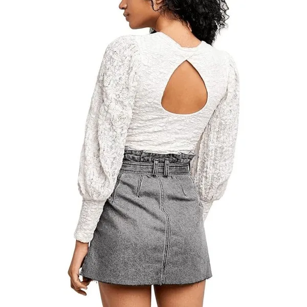 Free People Jasmine Tea Time Long Puff Lace Sleeve‎ Open Back Top Ivory Medium - Image 8
