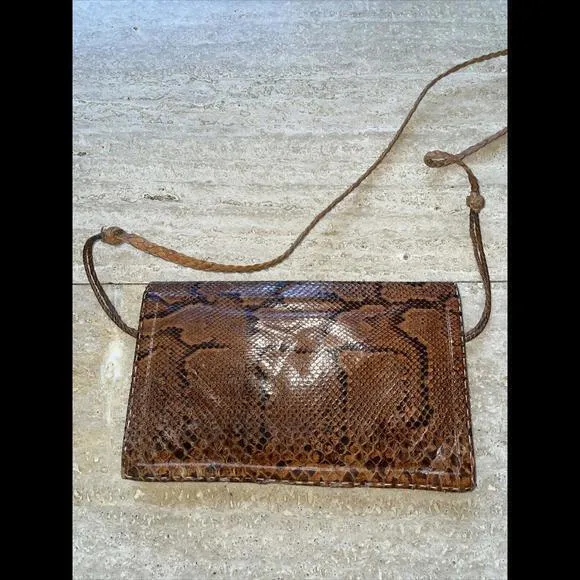 VTG Brown Python Snake Skin Leather Envelope Clutch‎ Handbag Purse - Image 2