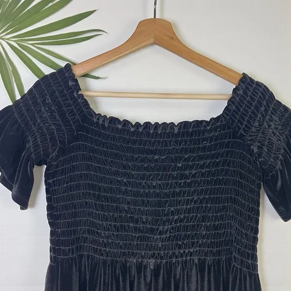 Urban Outfitters Clara Off-The-Shoulder Smocked Velvet Dress in Black - Image 11