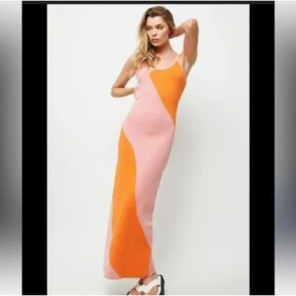 Boutique Knit Orange Pink Colorblock Sleeveless Maxi Dress Size Medium - Image 2