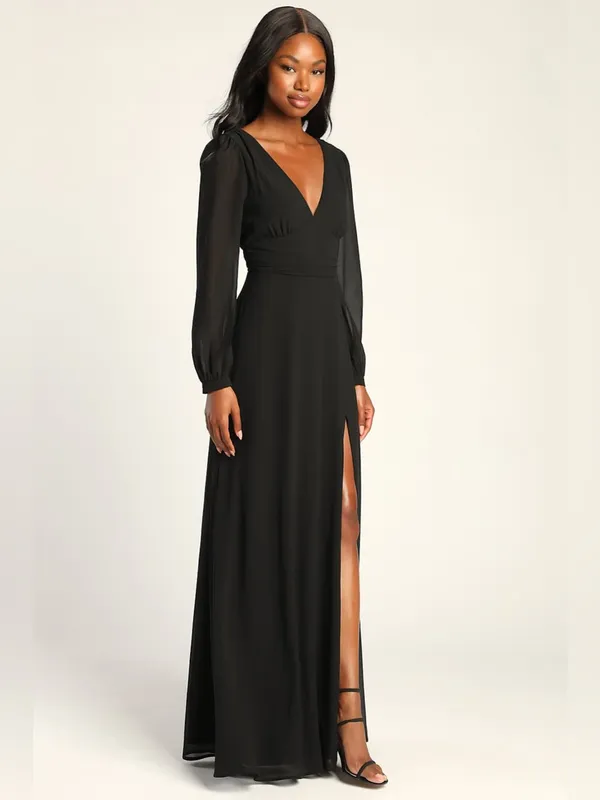 Lulus Love You So Black Long Sleeve Maxi Dress Size Medium NWT V Neck Tie Back - Image 3