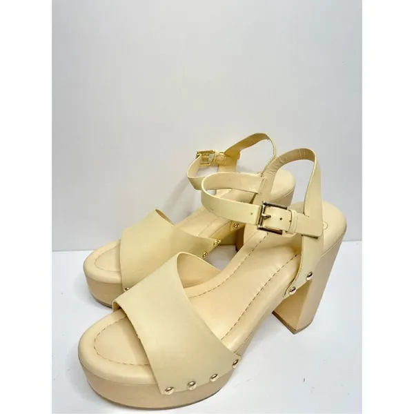 Sarto by Franco Sarto Wally Cream Leather Wood Platform Block Heel Sandals 9 - Image 3