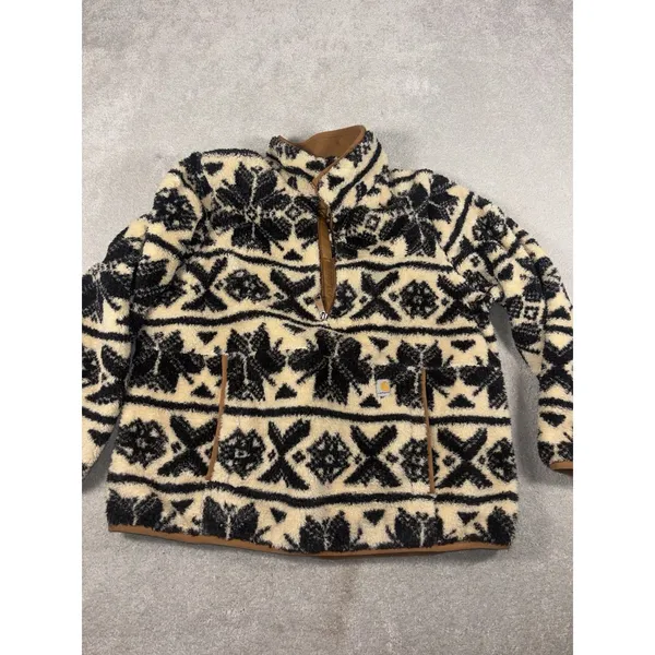 Carhartt‎ Women's Loose Fit Fleece Pullover Oat Milk/Black Fairisle Size L - Image 3