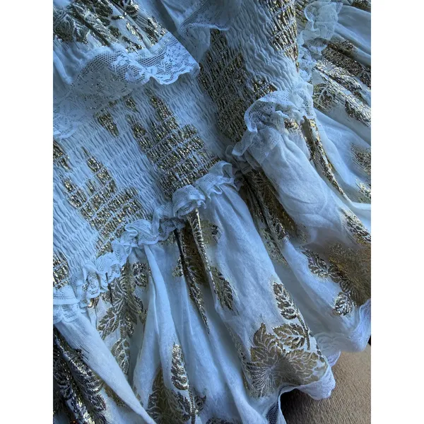 Cotton Mini Skirt Boho White Gold Lurex Smocked Romantic Size L Chloe Laetitia - Image 9