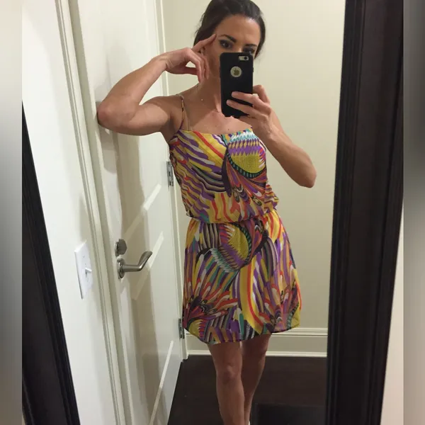Groovy Multicolored Spaghetti Strap Short Dress with Cinched Waist Sz S - Image 7