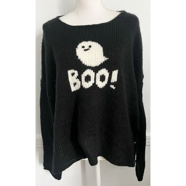 Wooden Ships • Black White Boo Halloween Sweater Mohair Wool - Image 3