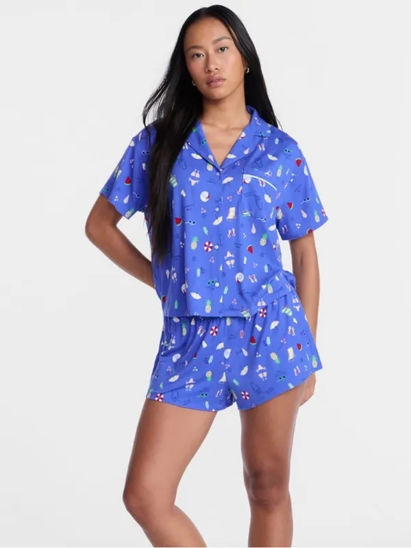 Blue Women's Short-Sleeve Pajama Top and Shorts Set with Summer Time Print - Image 2