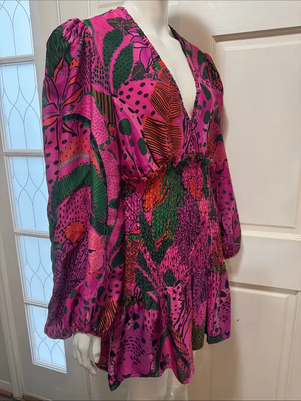 Farm Rio Boho Cool Leopards Mini Dress V-Neck Smocked Mini Dress Size Large - Image 9