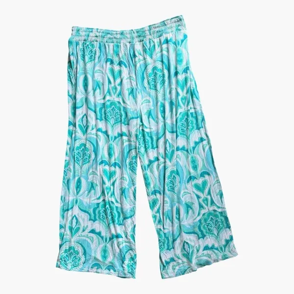 Soma Pajama Pants Women L Teal White Damask Floral Cropped Lounge Sleepwear - Image 2