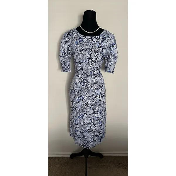 Chico's Blue Veil Snake Print Smocked Puff Sleeve Midi Dress W/ Pockets Size 0 - Image 2