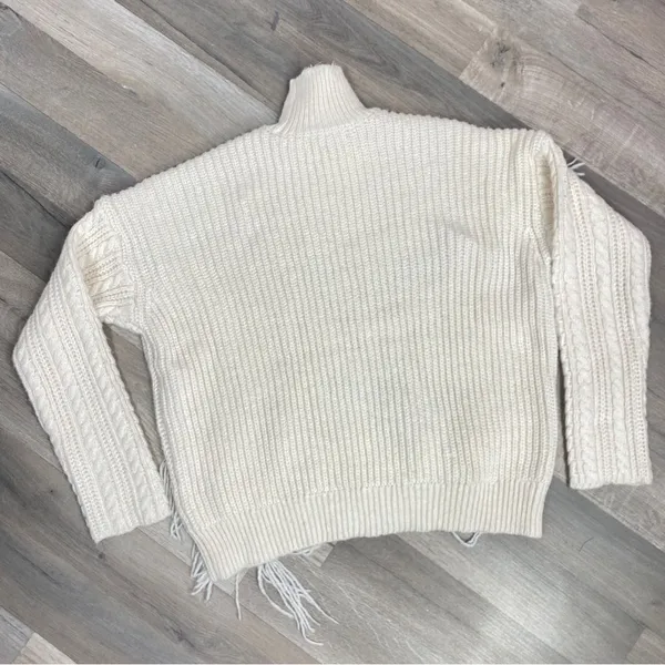 Free Generation Multi Stich Fringe‎ Distressed Turtle Neck Sweater Cream Small - Image 9