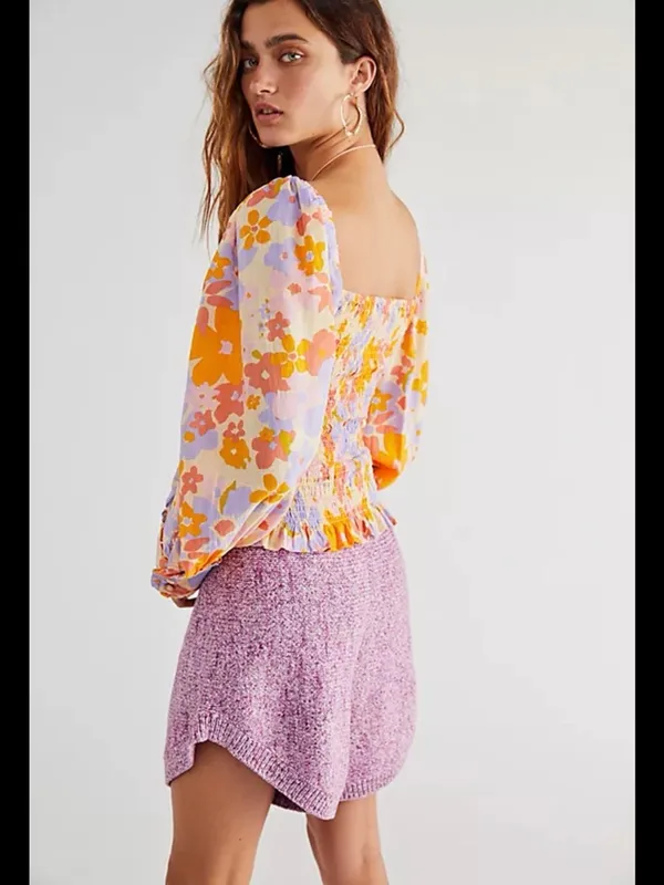 Free People 100% Cotton Floral Smocked Puff-Sleeve Top in Lavender & Orange - Image 2