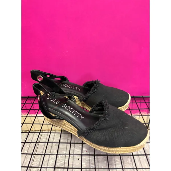 Sole Society Black Canvas Espadrille Wedge Slingback Sandals Frayed Trim Women - Image 3