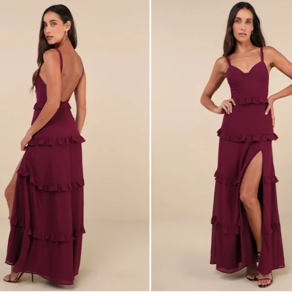 LULU's Holiday Bustier Sexy Flowy Prom Wedding Chic Flowy Ruffles Maxi Dress - Image 2