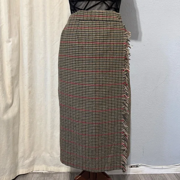 Vintage Luxury Lana Lee‎ Plaid Wool Blend Midi Skirt Sz XS Fringed Hem High Rise - Image 5