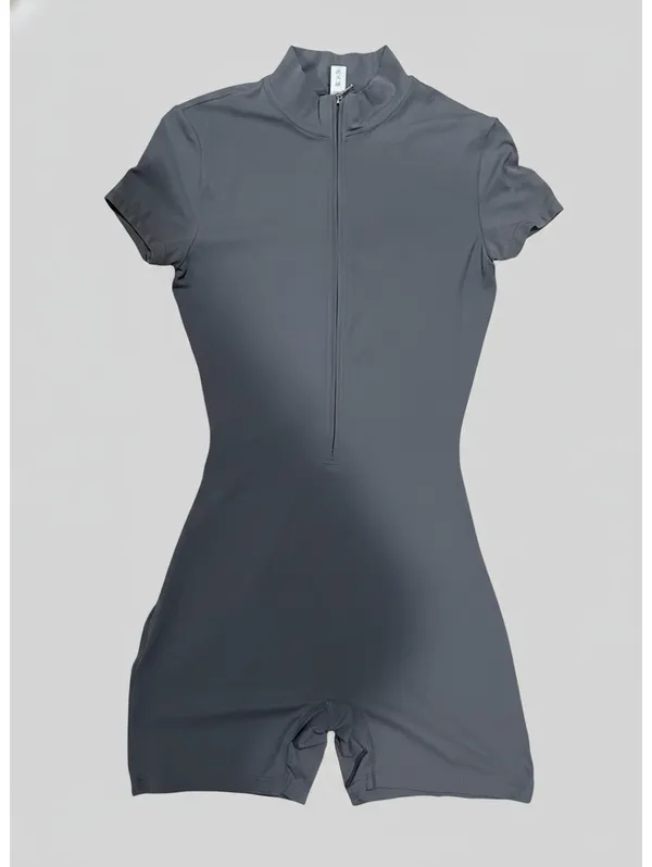 Gray Athletic Romper Jumpsuit Half Zip Mock Neck Size M Yoga Gym Pillates Tennis - Image 2