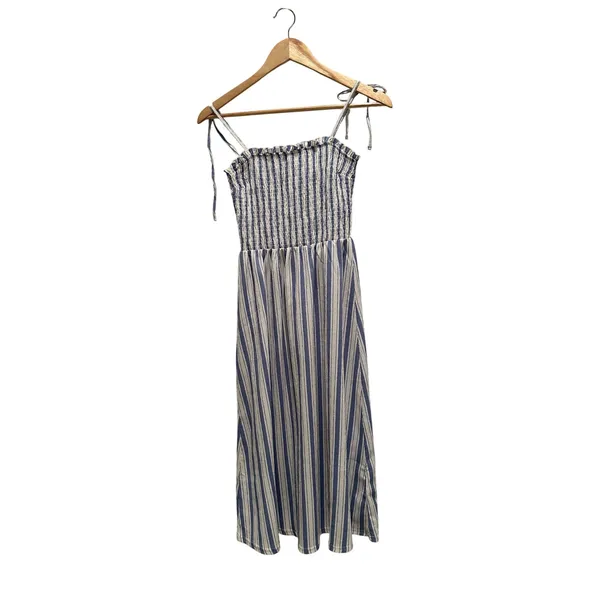 H&M Divided Light Blue Striped Smocked Tie Shoulder Midi Dress XS Coastal Summer - Image 2