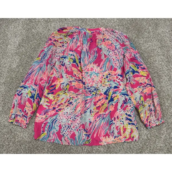 Lilly Pulitzer Elsa Silk Top Sunken Treasure Dragonfruit Print Blouse Size S - Image 5