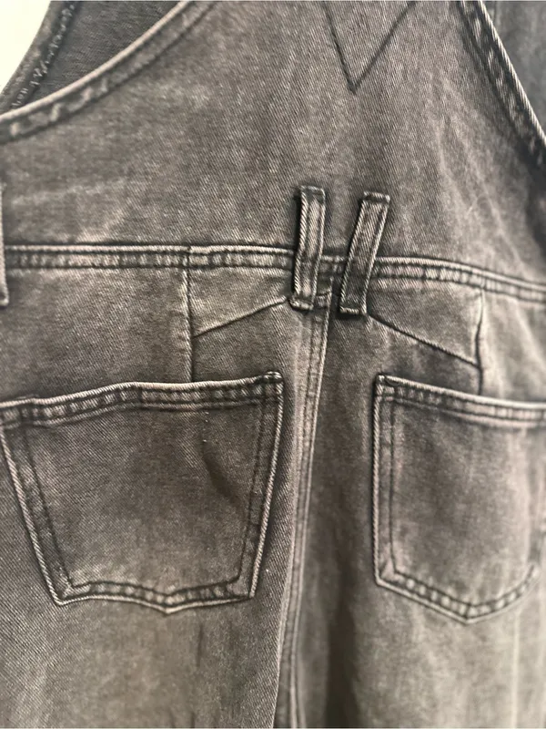 Black denim overalls jumpsuit Sz:L acid washed relaxed fit wide leg Baggy. - Image 13