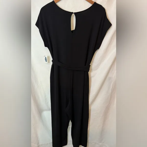 NWT Old Navy Women's Jumpsuit Size Lg Black Solid Short Sleeve Tie Wide Leg Crop - Image 5