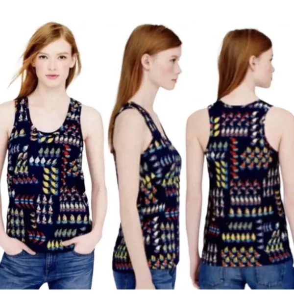 J.Crew Women Navy Blue Cotton Sailboat Regatta Ratti‎ Print Tank Top Small - Image 2