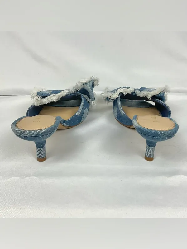 Gianni Bini Wendell Sandals Patchwork Denim Bow Gingham Mule Heels Blue Sz 7.5 - Image 4