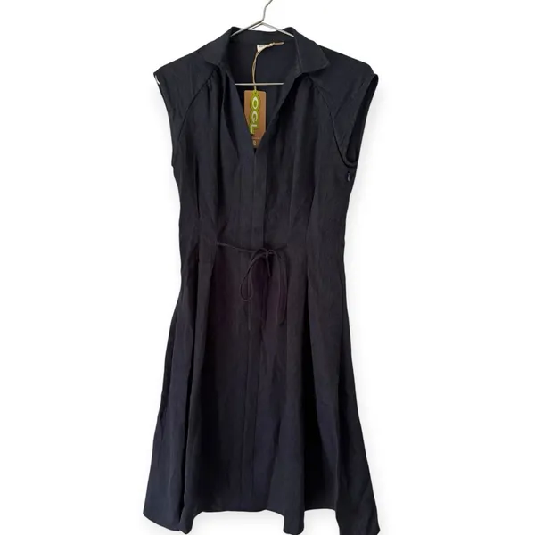 NWT OGL Viscose Linen Collared V-neck Midi Dress Drawstring Denim Navy Small - Image 3