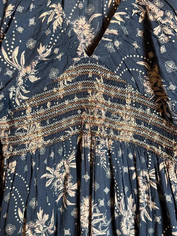 Free People Golden Hour Floral Maxi Dress Women's XS Black Ruffle Smocked Boho - Image 12
