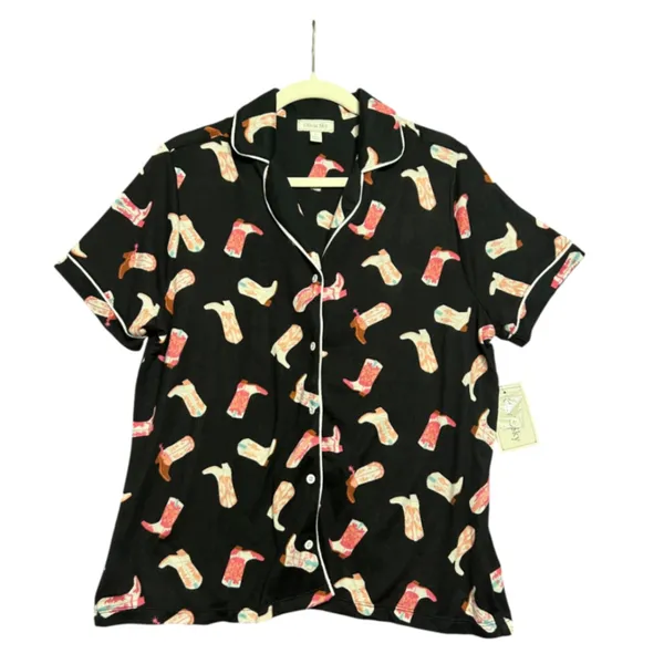 Olivia Sky Womens Cowboy Boot Pajama Set Black Pink Western‎ PJ Shorts Large NEW - Image 2