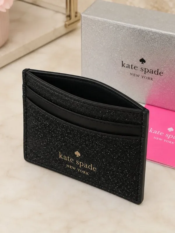 Kate Spade Black Glitter Card Holder Wallet 6 Slots 4.3” NWT - Image 2