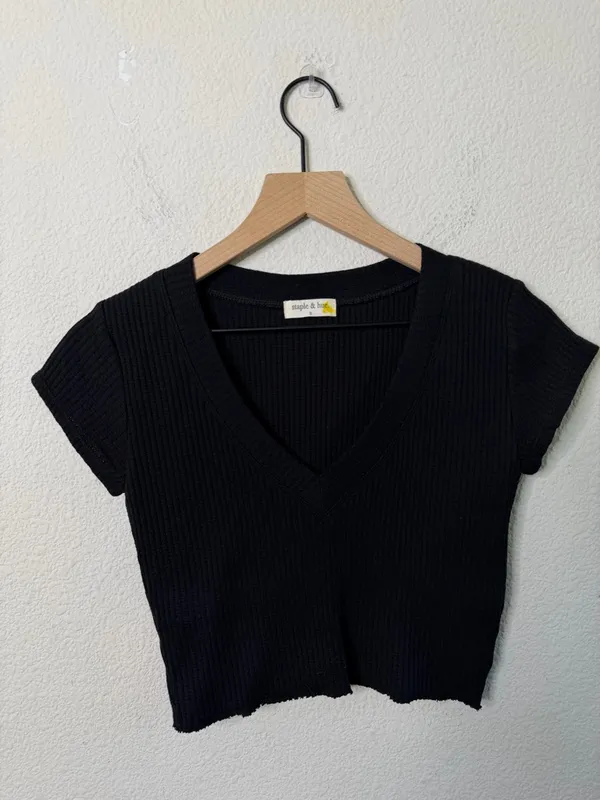 Staple & Hue Shiloh Ribbed Short Sleeve‎ Top Crop Black Shirt Women’s Size S - Image 2