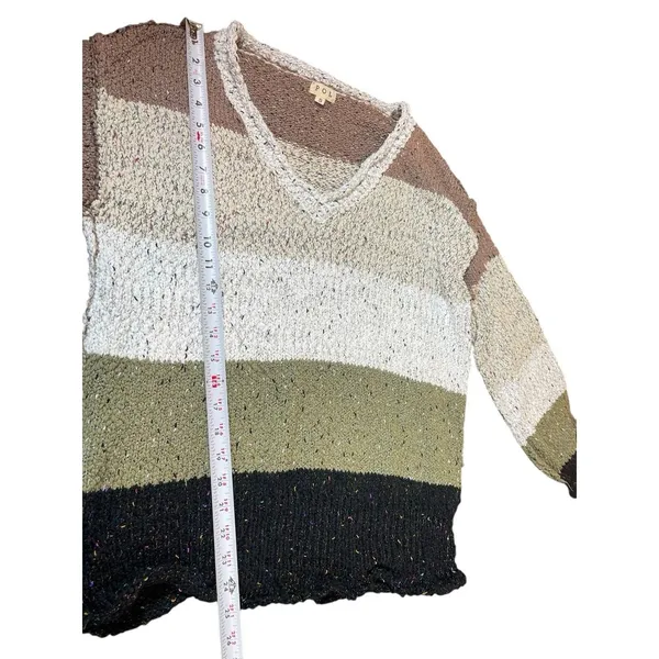 POL Chunky Knit V-Neck Sweater S Colorblock Stripe Brown Green Slouchy Earthy - Image 4
