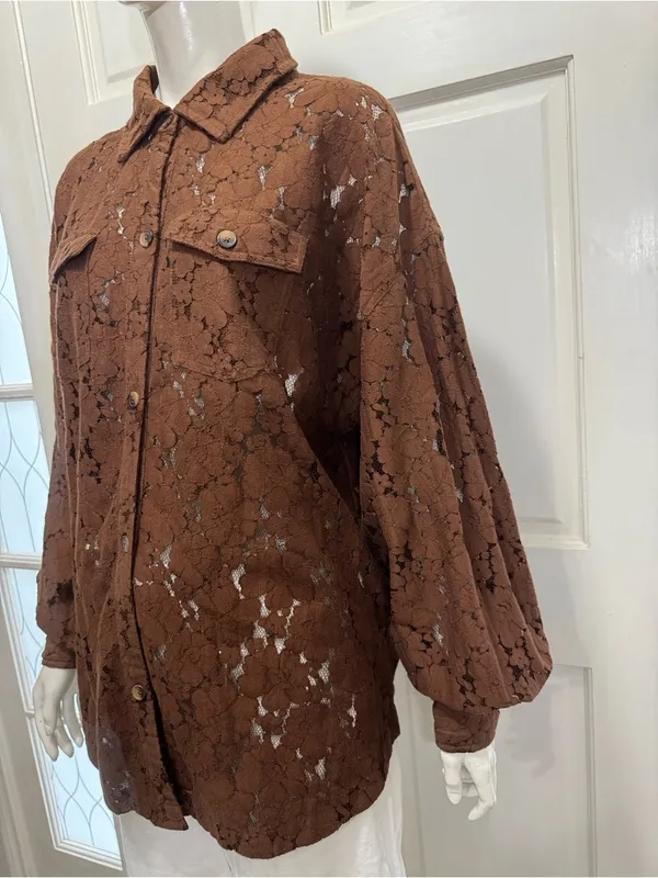 Shyanne Western Brown Lace-Overlay Frnge Shirt Jacket Size Large A1 - Image 13