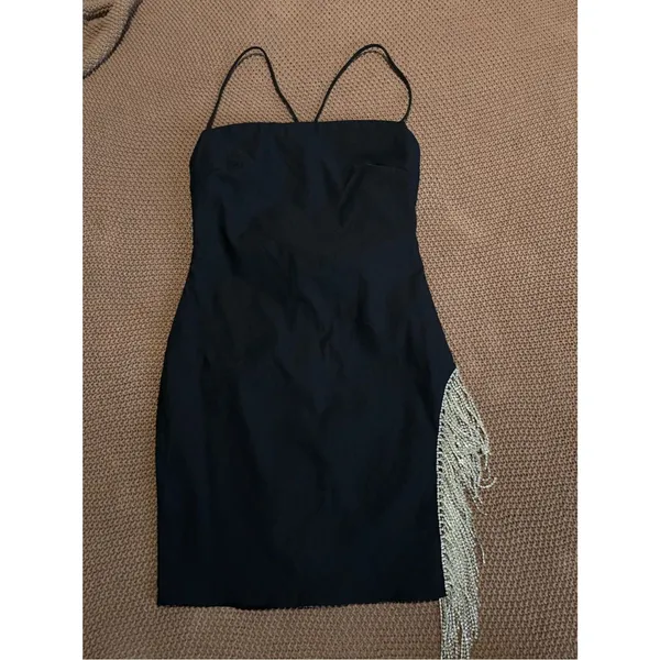 White Fox Black Rhinestone Fringe Mini Dress | Size Medium - Image 3