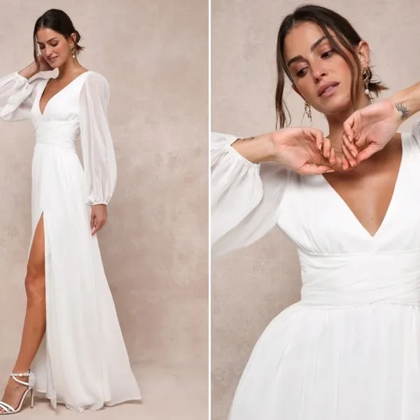 LULU's Bridal Wedding Romantic Flowy Boho Chiffon Long Sleeve Dress NWOT - Image 3