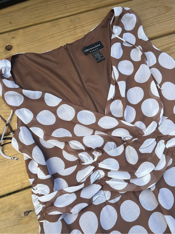 Connected Woman 18W Brown White Polka Dot Ruched Chiffon Midi Dress NWT - Image 2
