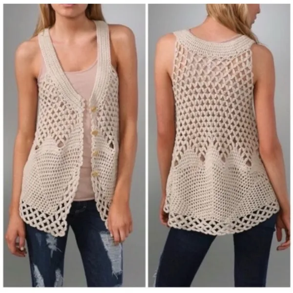 Free People Boho Vest Knit Cardigan Black Knit Gold Buttons- Size XS - Image 2