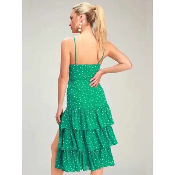 Lulus NWT Women Large Nellie Green Polka Dot Ruffle Midi Dress Dainty Romantic - Image 3