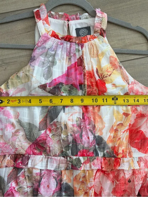 Vince Camuto Pink White Sleeveless Floral Chiffon Ruffle Tiered Midi Dress 6 - Image 8
