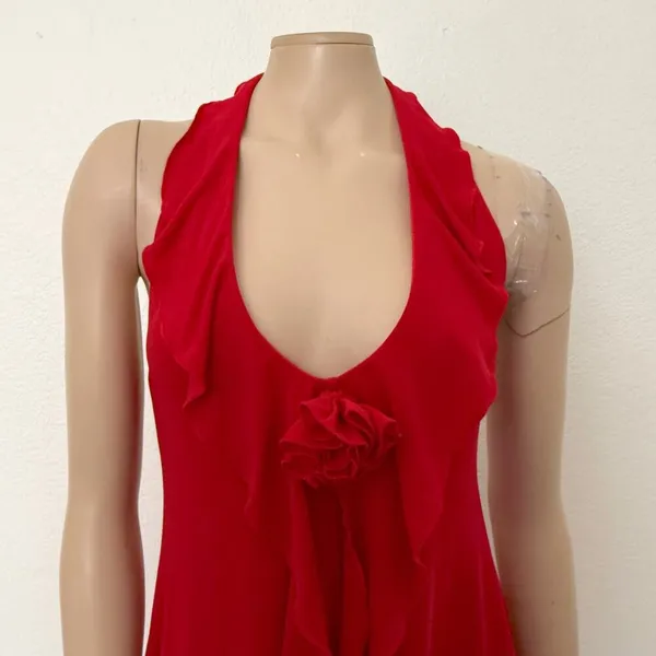 [White Fox] Red Y2K Ruffle Halter Neck Asymmetrical Hem Mini Dress Size Large L - Image 5