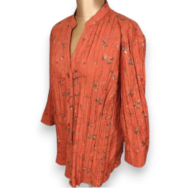 Dressbarn 3X Orange Floral Embroidered Button Up‎ Blouse V-Neck Boho Pintuck - Image 4