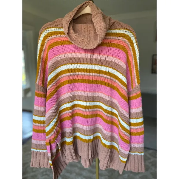 Aerie Oversized Turtleneck Sweater Chenille Stripes Buttery Soft‎ Cozy Winter L - Image 2