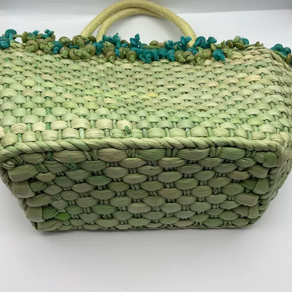 Woven straw tote bag with decorative trim and handles - Image 4