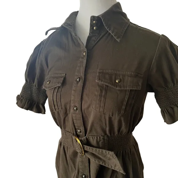 Rampage Women Olive Brown Utility Button Front Mini Dress Belted Puff‎ Sleeve L - Image 2