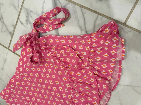 Aerie Pink Linen Blend Wrap Mini Skirt Ruffle Hem Cottagecore Medium - Image 9