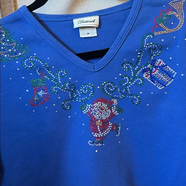 Distinct Blue Holiday V-Neck Top with Rhinestone Santa - Image 3