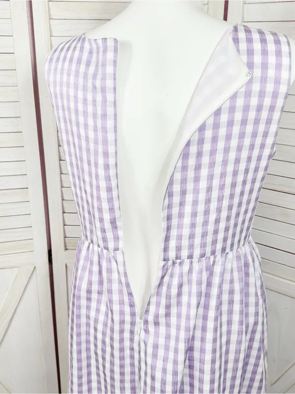 DKNY Gingham Check Square Neck Midi Dress Purple White 12 Cottagecore Sleeveless - Image 7